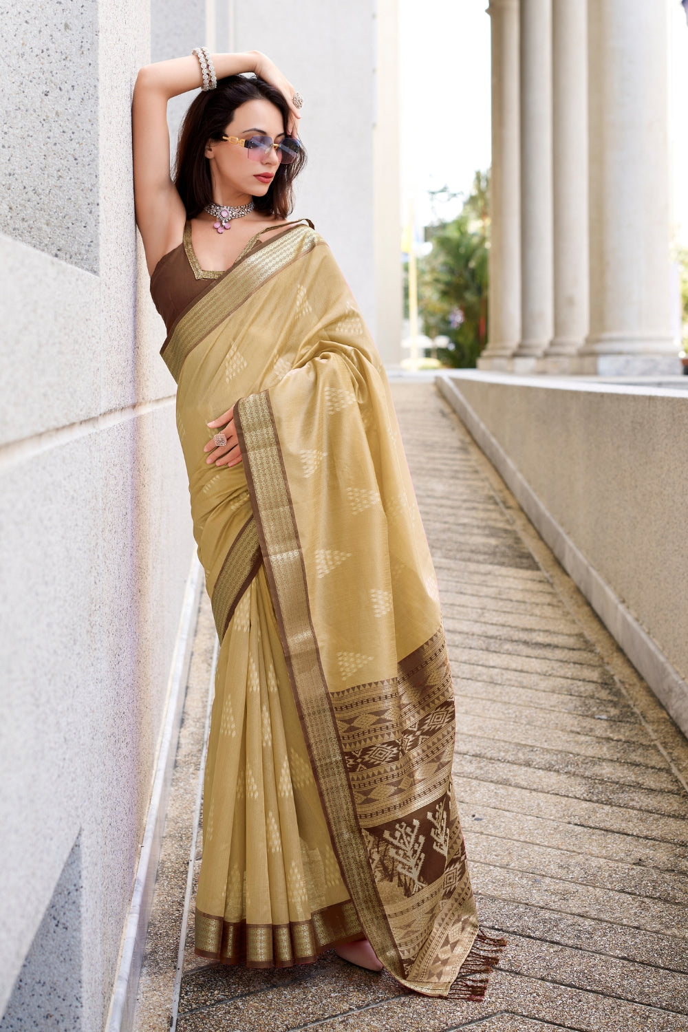 Cream White Rayon Silk With Ikkat Weaving Saree