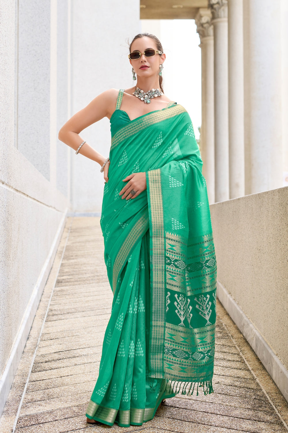 Light Green Rayon Silk With Ikkat Weaving Saree