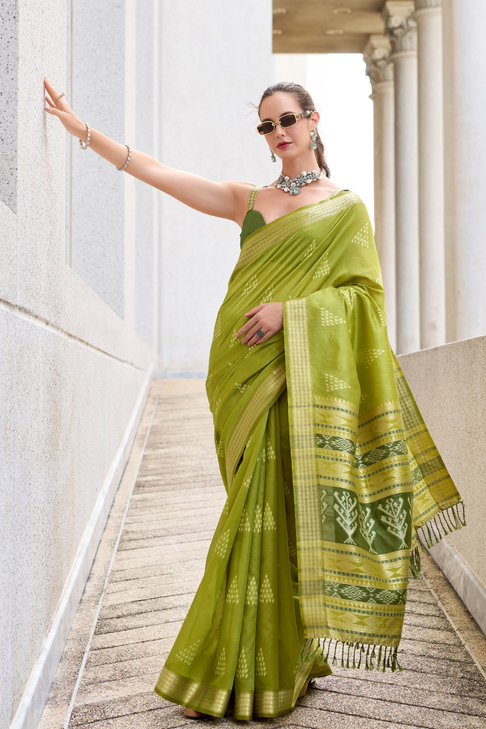 Mehendi Green Rayon Silk With Ikkat Weaving Saree