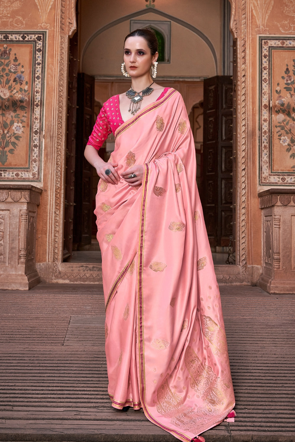 Peach Pure Sattin With Zari Weaving & Contrast Blouse Saree