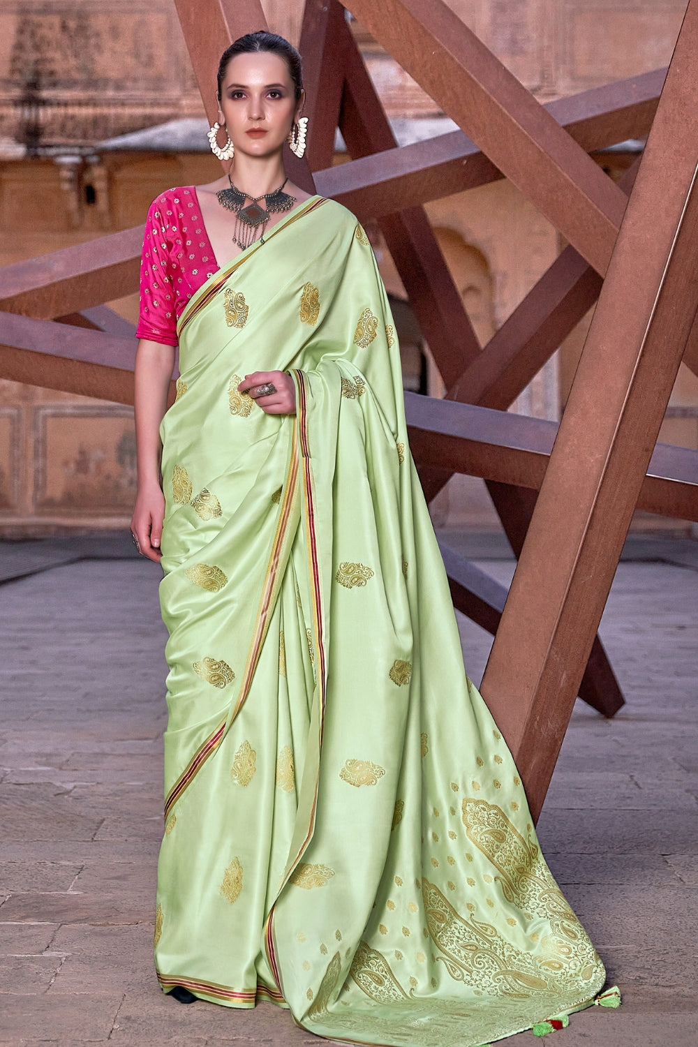 Lime Green Pure Sattin With Zari Weaving & Contrast Blouse Saree