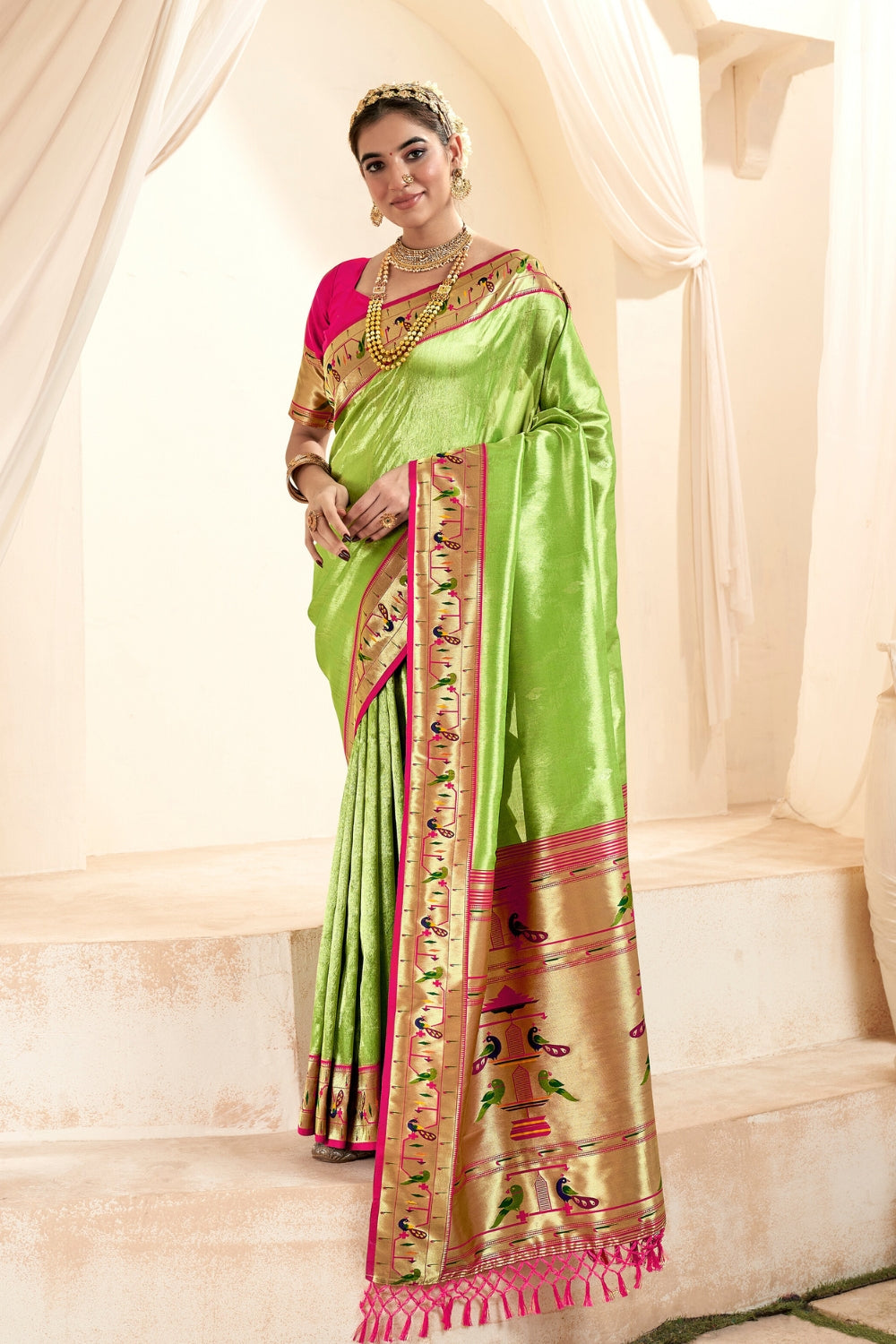 Lime Green Paithani Tissue Silk With Zari Border Saree