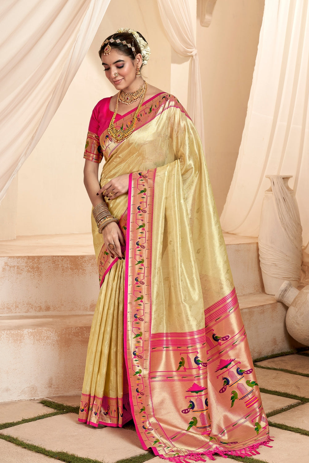 Cream Paithani Tissue Silk With Zari Border Saree