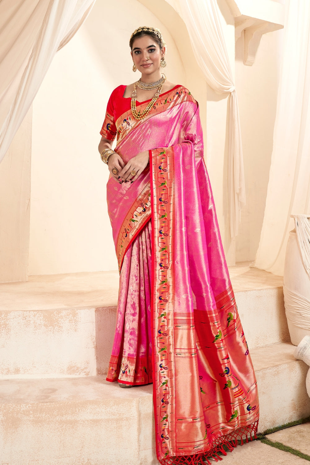 Pink Paithani Tissue Silk With Zari Border Saree