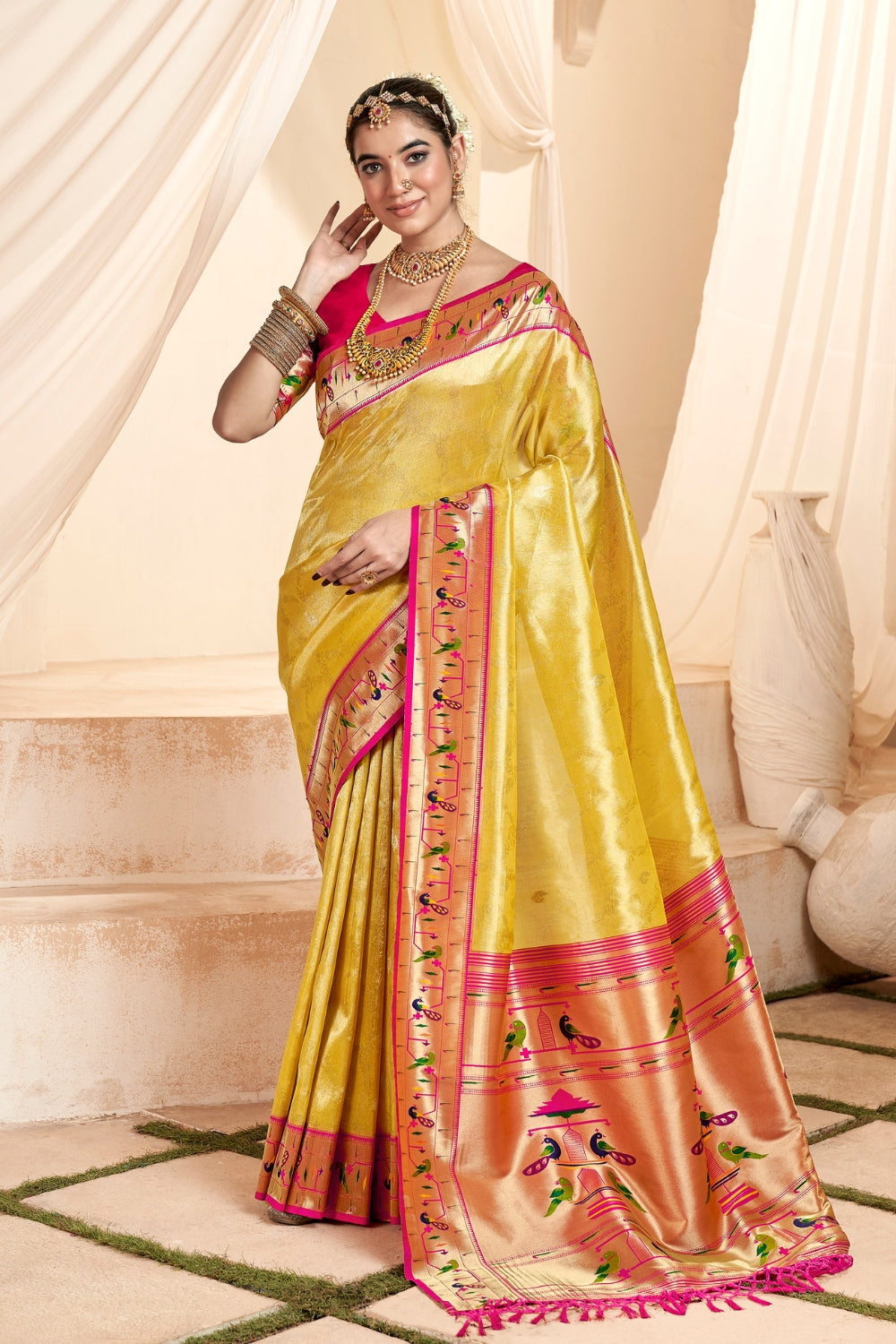 Yellow Paithani Tissue Silk With Zari Border Saree