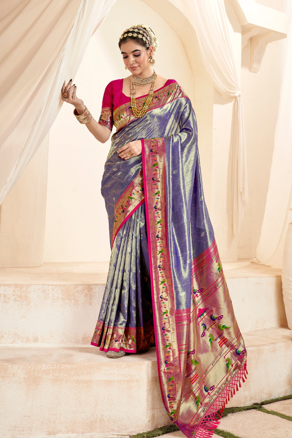 Blue Paithani Tissue Silk With Zari Border Saree