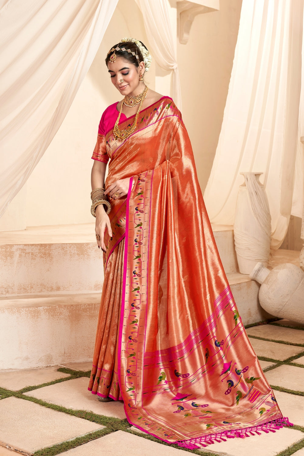 Orange Paithani Tissue Silk With Zari Border Saree