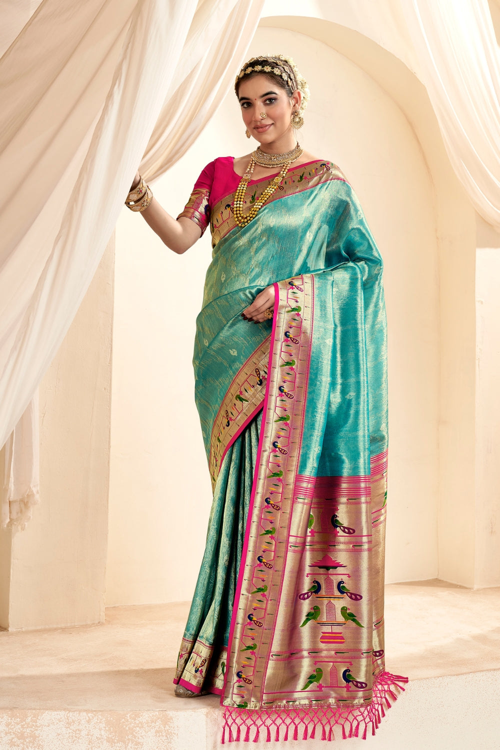 Turquoise Paithani Tissue Silk With Zari Border Saree