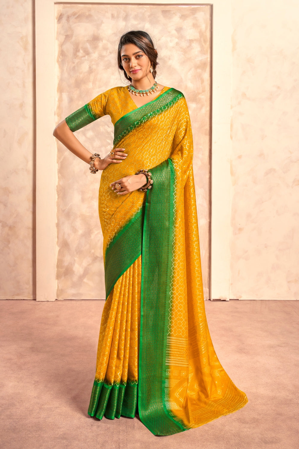 Yellow Soft Dola With Foil Print Saree