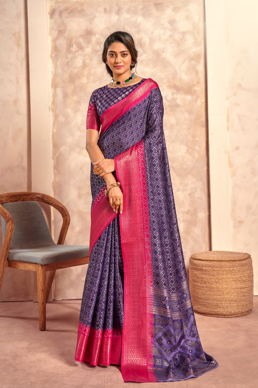 Indigo Soft Dola With Foil Print Saree