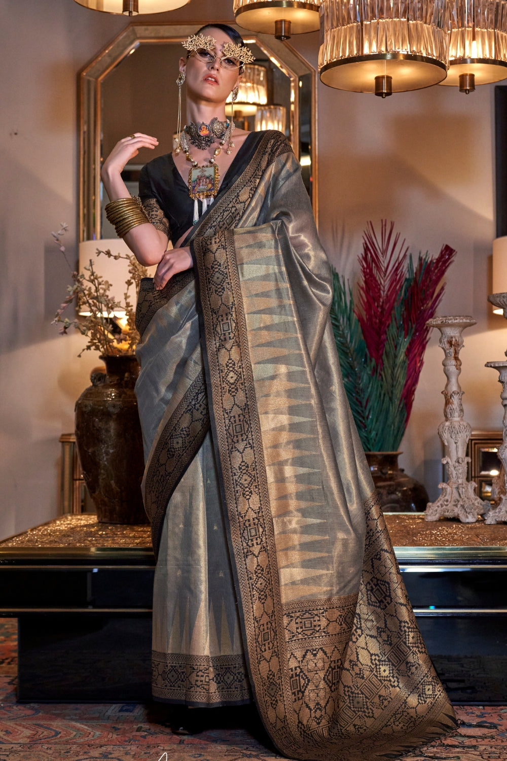 Grey Zari Tissue Saree