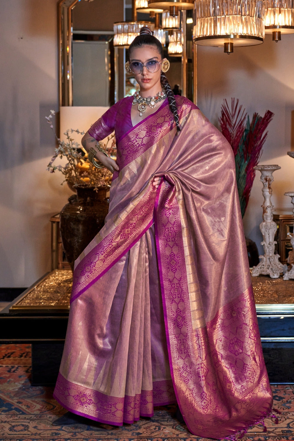 Pink Zari Tissue Saree