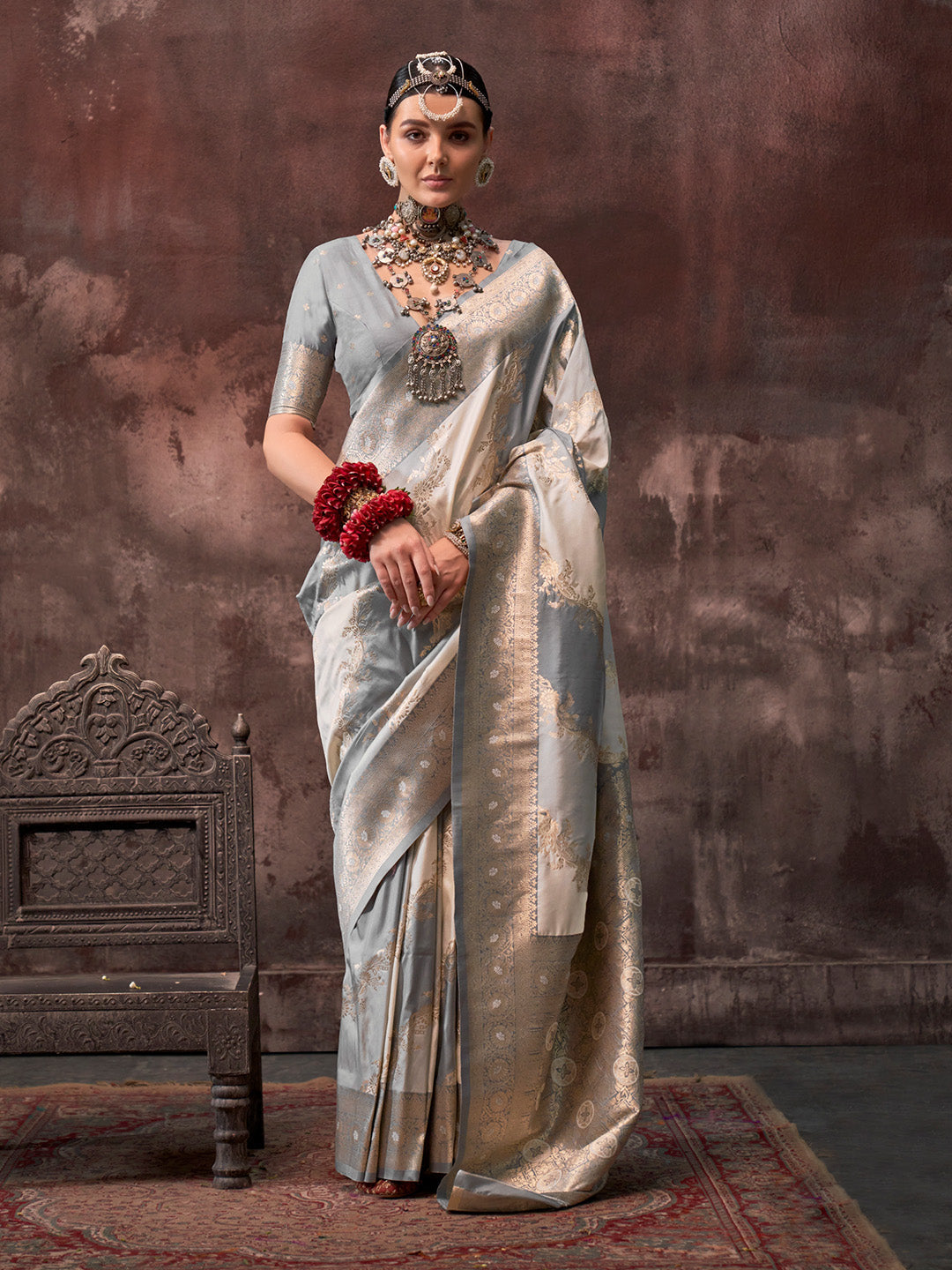 Grey Festive Wear Silk Saree