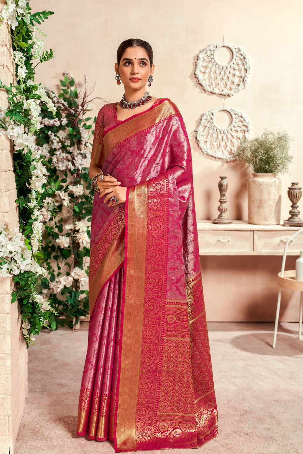 Pink Dharmavaram Weaving Saree