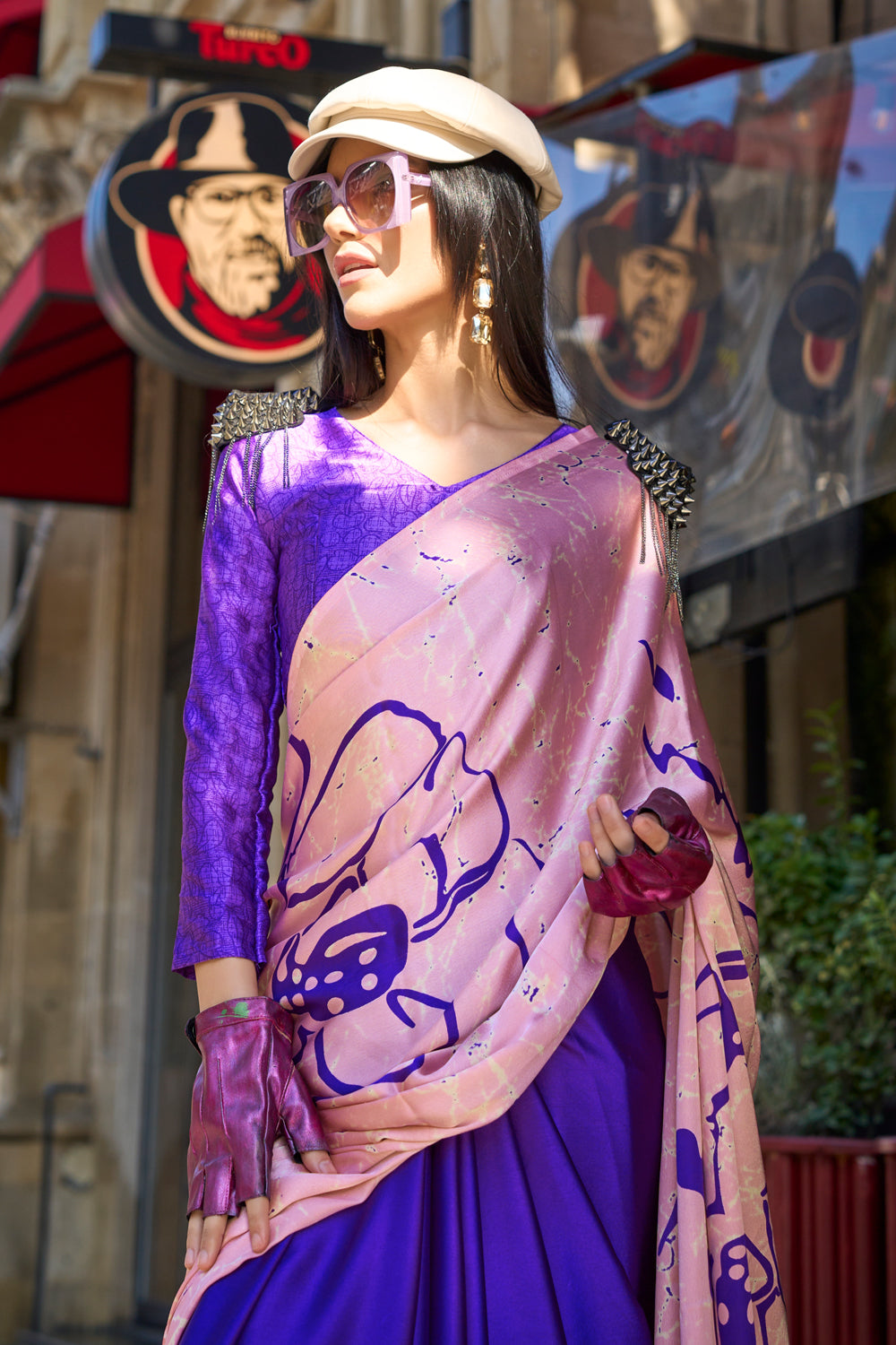 Blue & Pink Satin Silk Saree