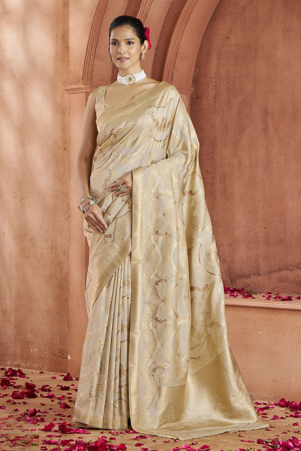 Beige Banarasi Silk Saree