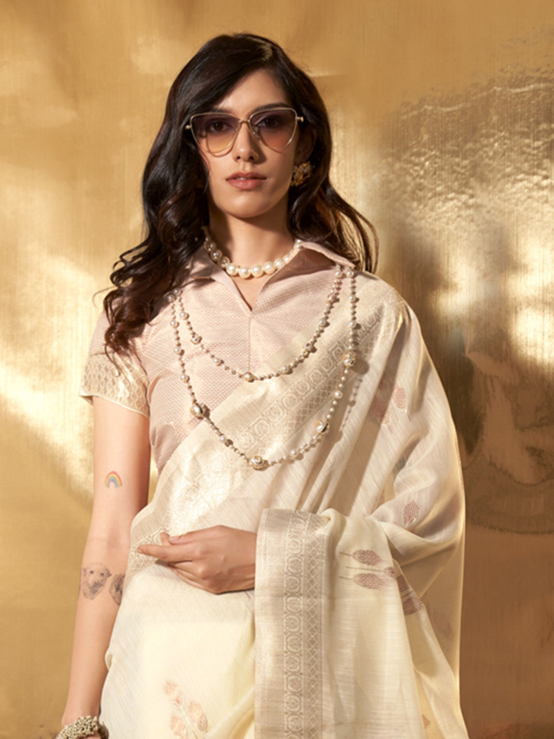 Cream Party Wear Linen Saree