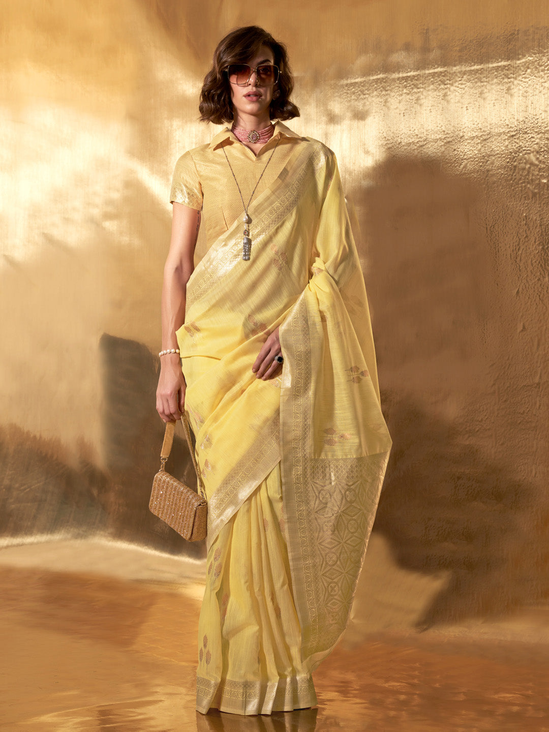 Yellow Party Wear Linen Saree