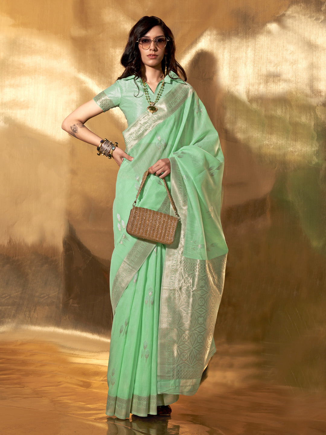 Mint Green Party Wear Linen Saree