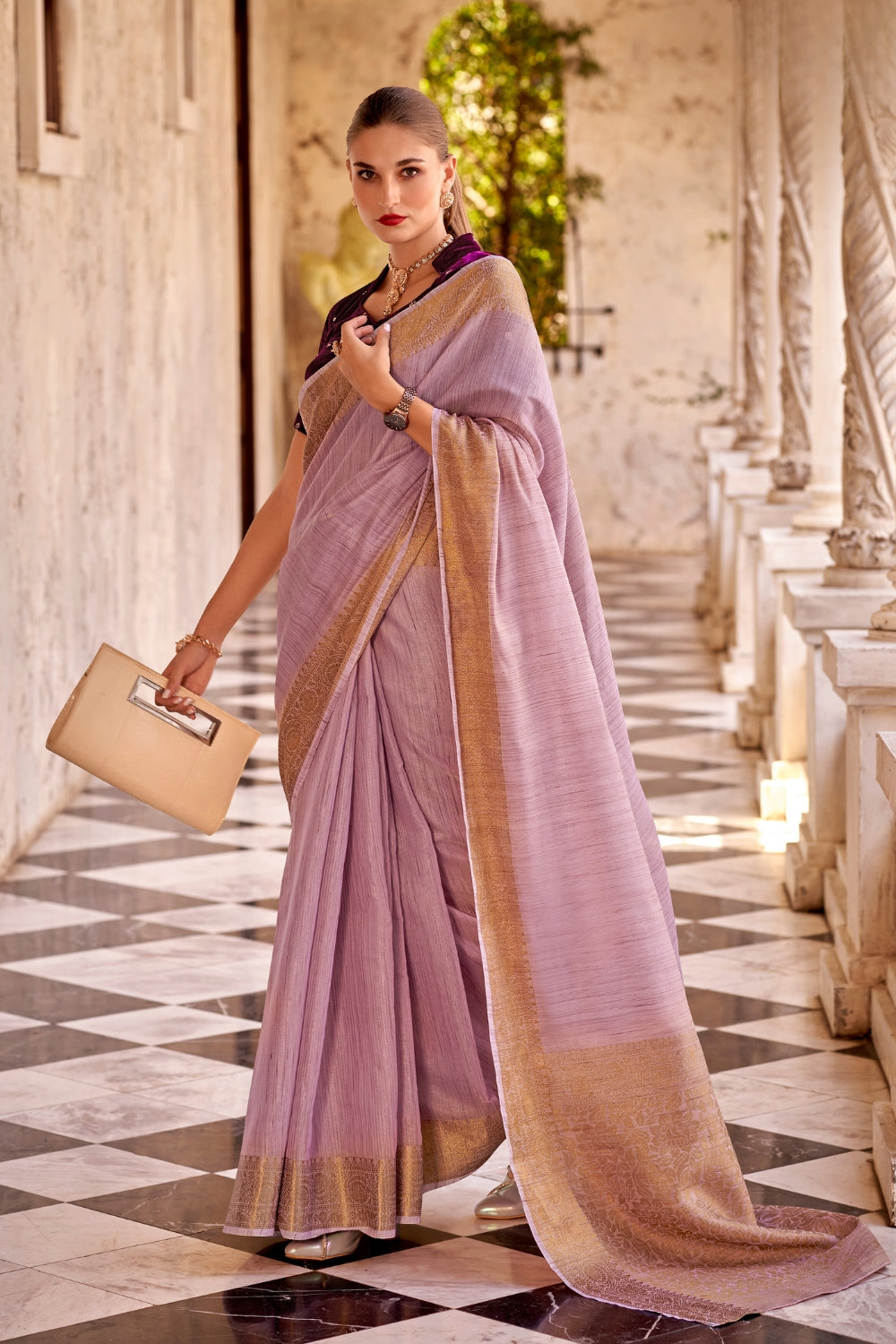 Purple Tissue Linen With Zari Weaving  Saree