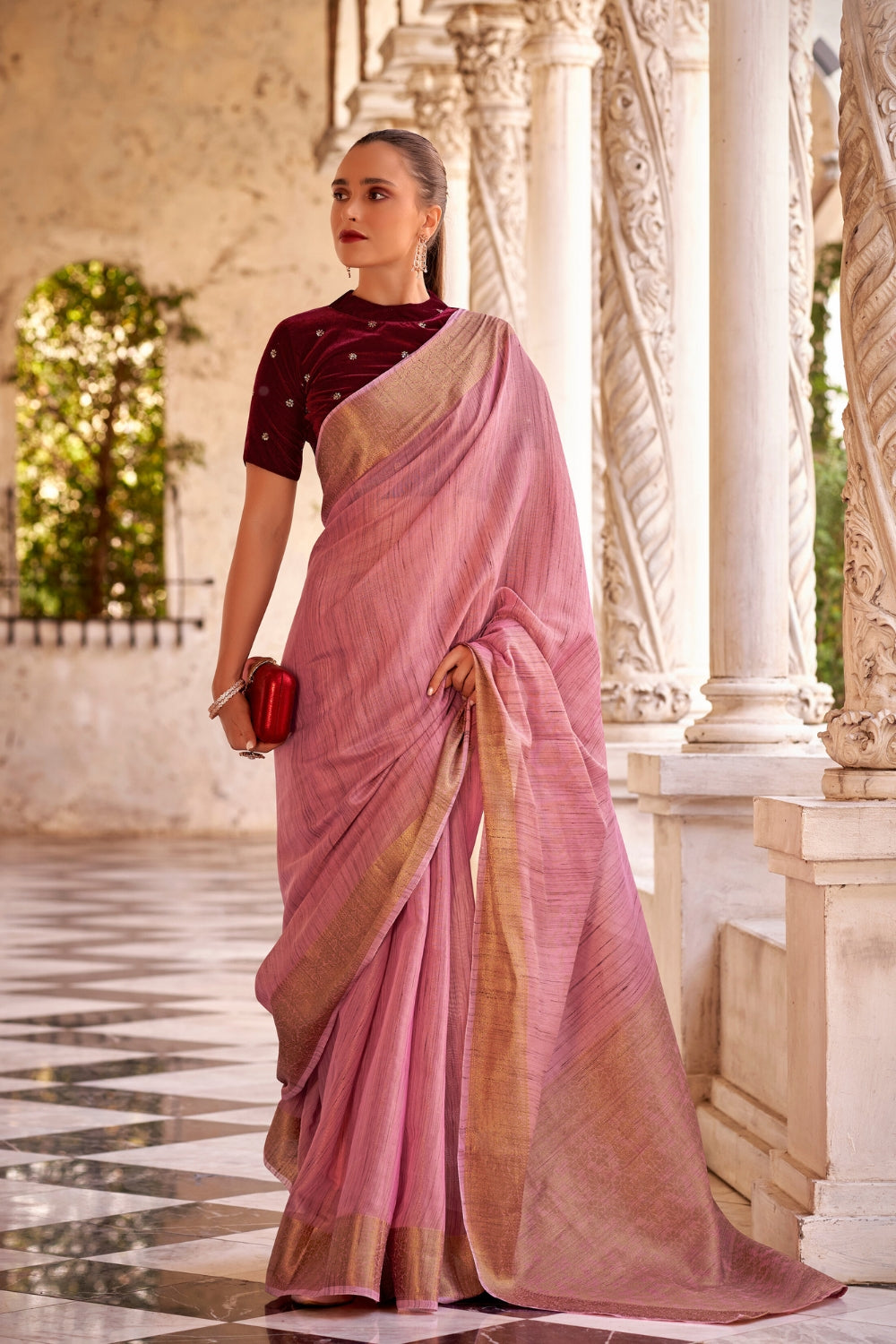 Pink Tissue Linen With Zari Weaving  Saree