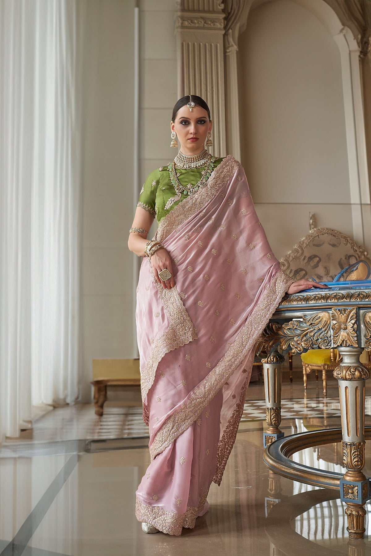 Peach Fancy Based Pure Tissue Fabric with Body Unique Work And Desinger Blouse Saree