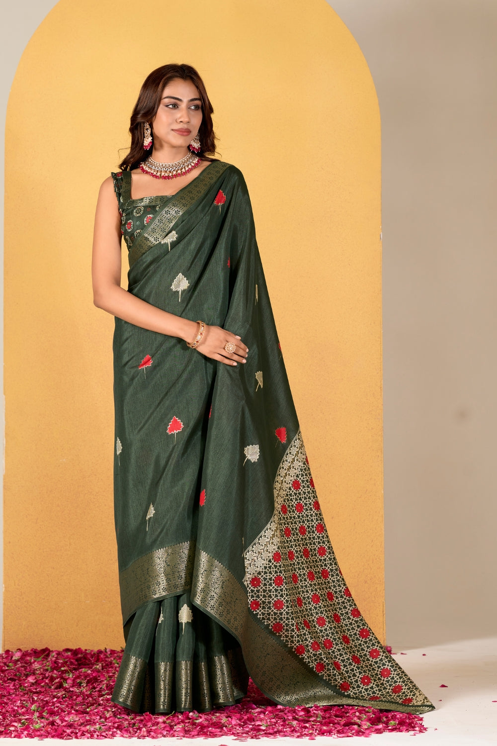 Green Soft Dola With Foil Print Saree