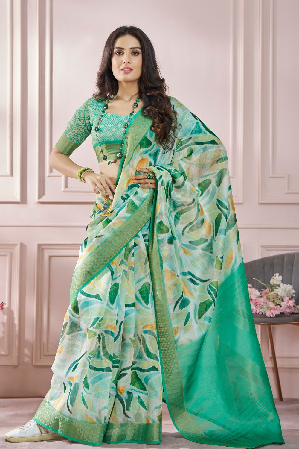 Green Digital Print Saree