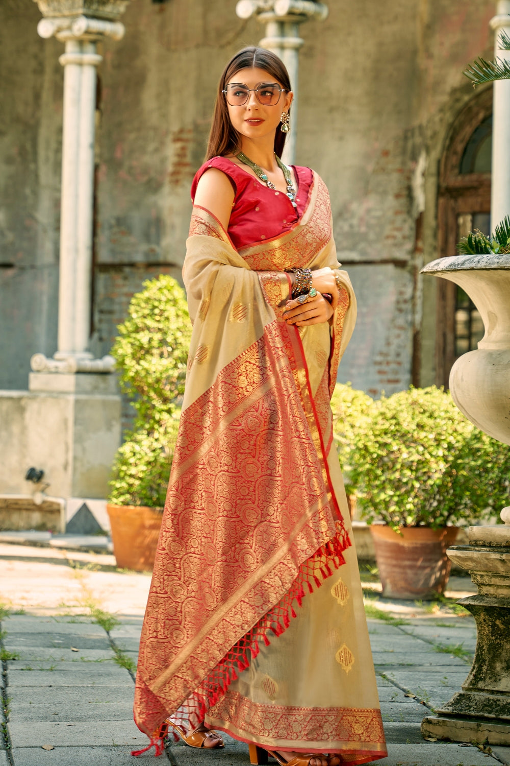 Beige Tissue Silk Saree