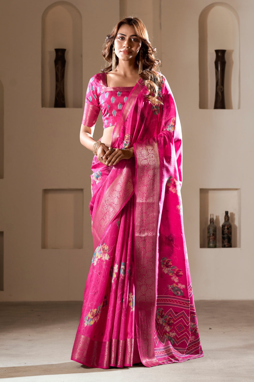 Pink Soft Dola Silk With Foil Print & Dusty Color Matching Saree