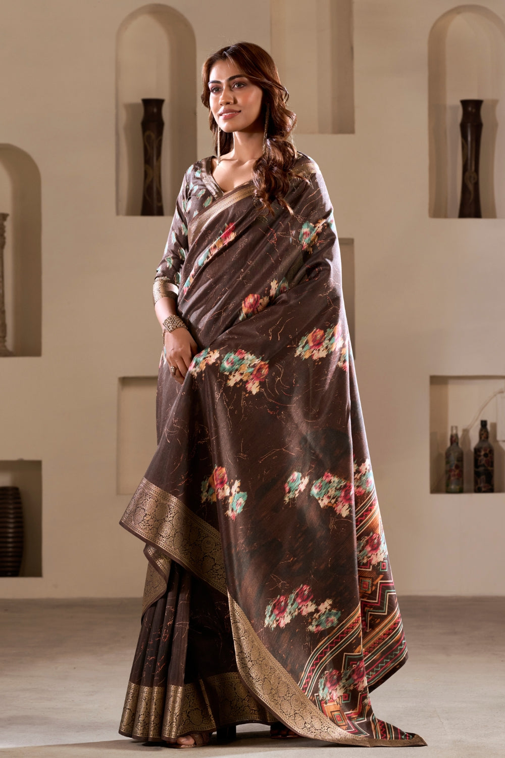 Coffee Soft Dola Silk With Foil Print & Dusty Color Matching Saree