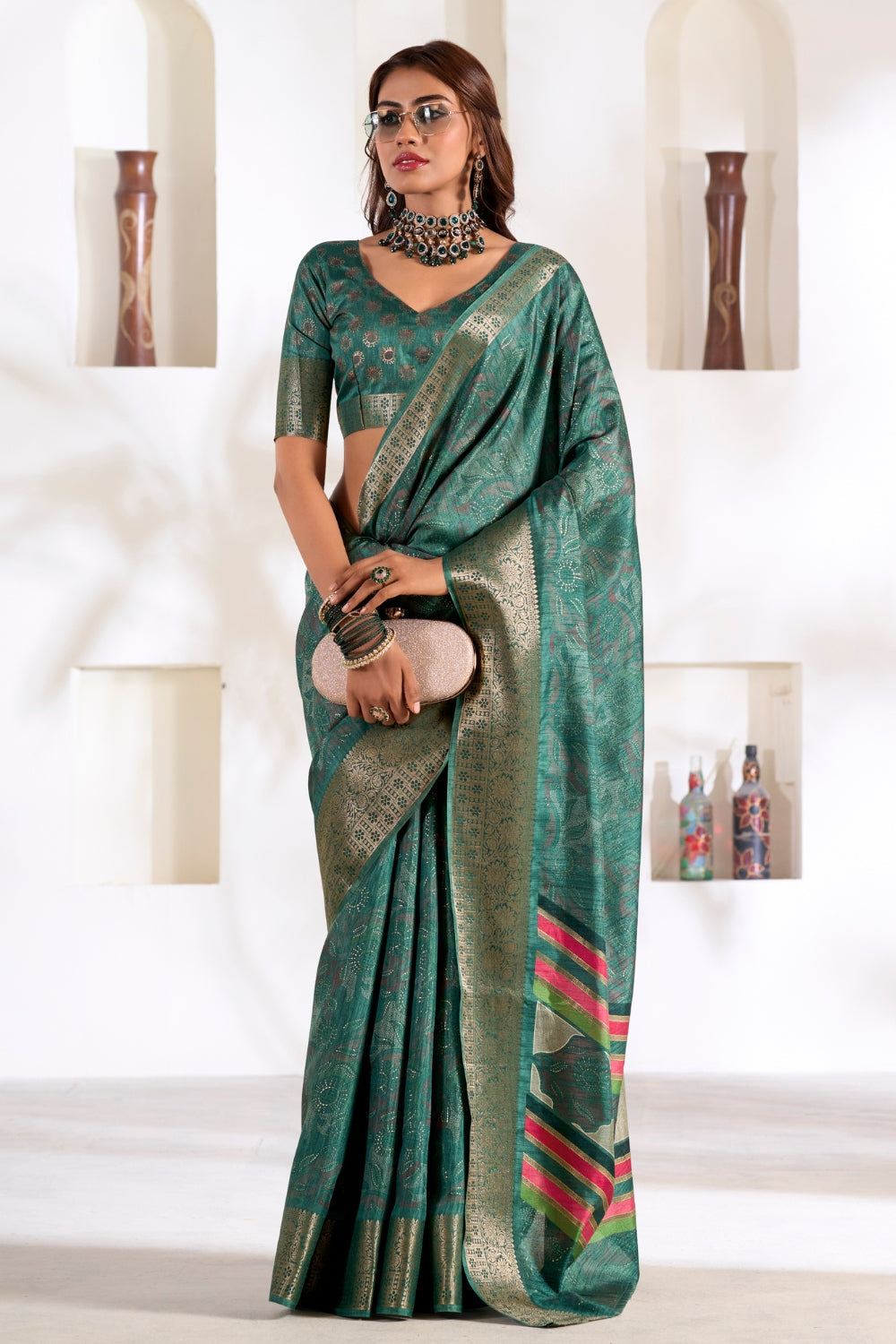 Indigo Soft Dola With Foil Print Saree