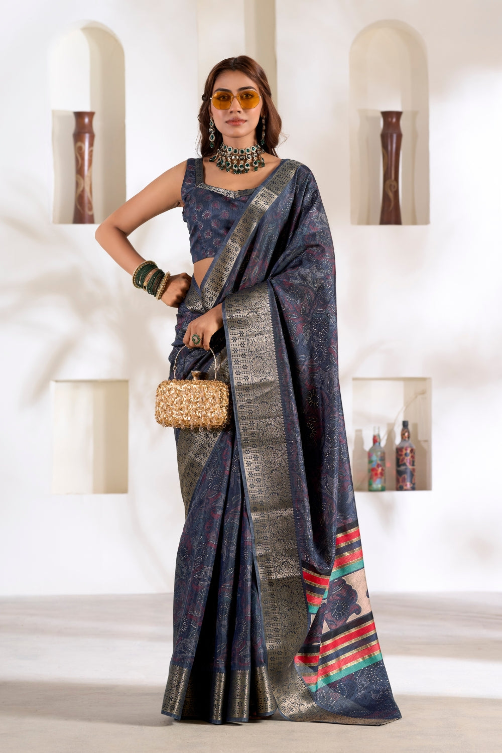 Dark Blue Soft Dola With Foil Print Saree