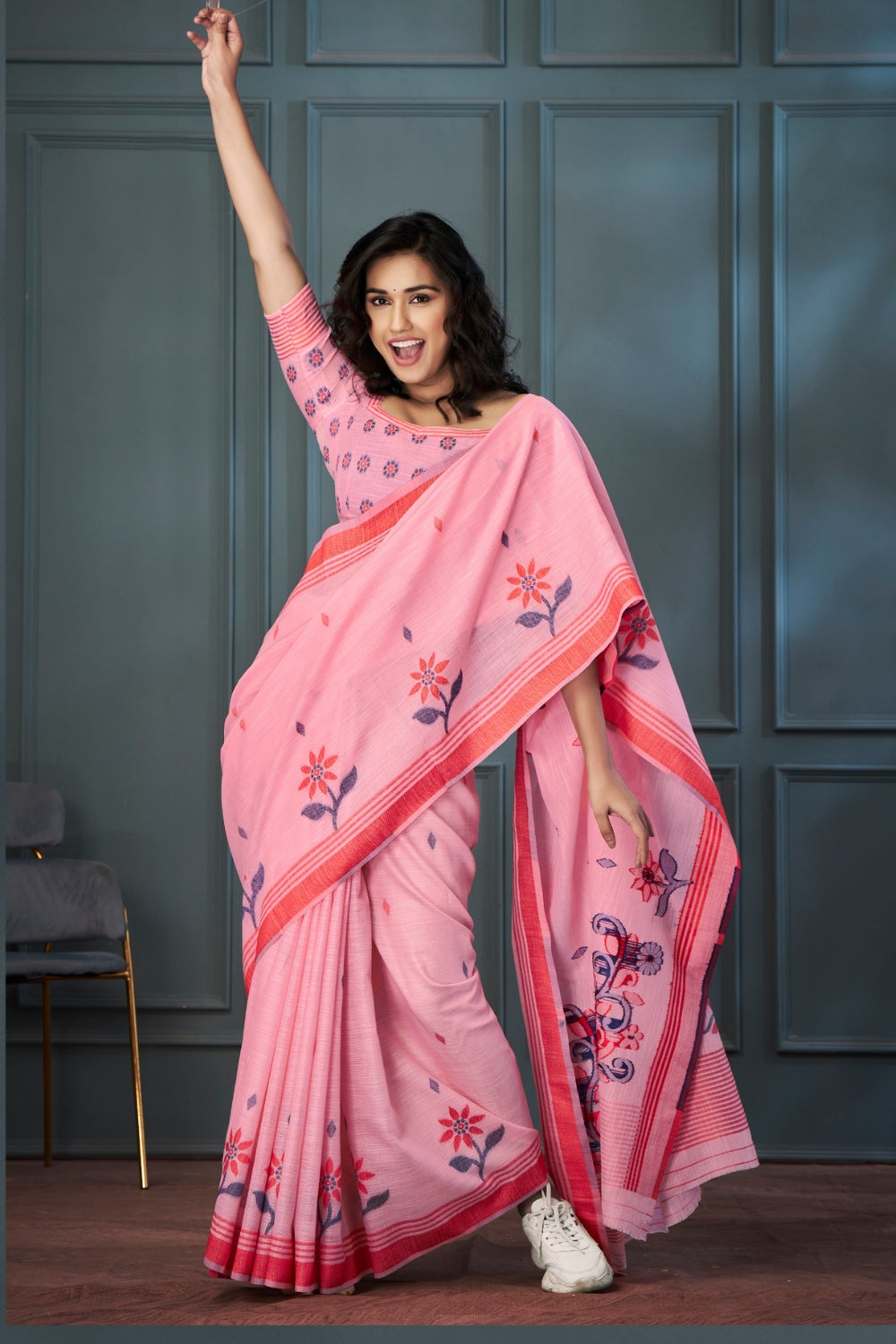 Pink Handloom Linen with Beautiful Weaving Saree