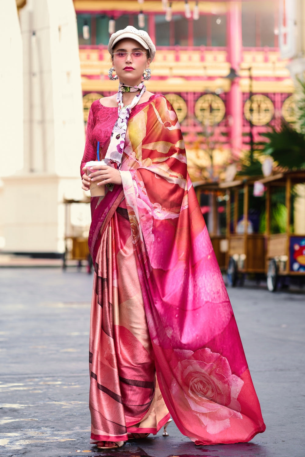 Dark Pink Sattin Digital Print Saree