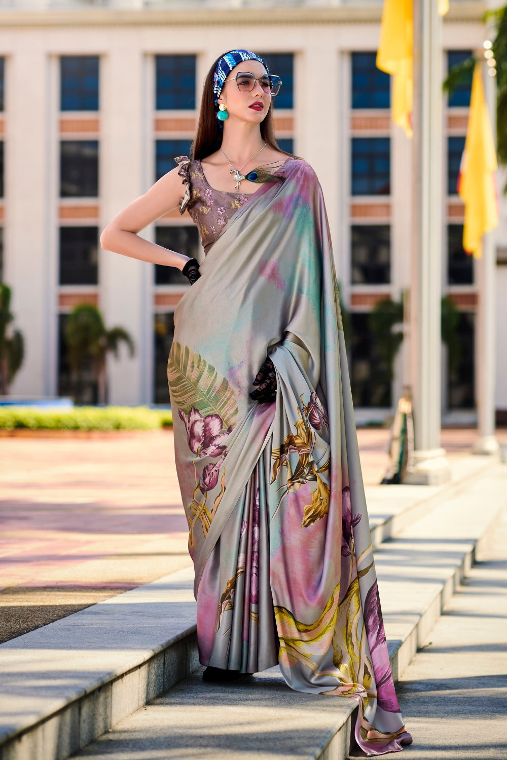 Grey Sattin Digital Print Saree