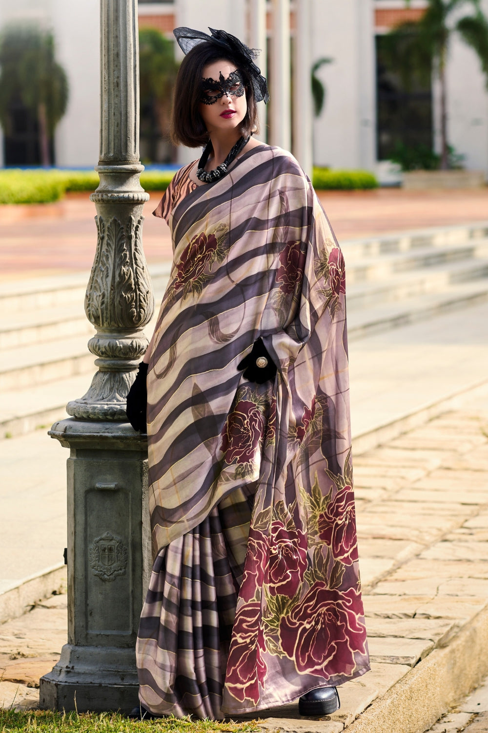 Brown Sattin Digital Print Saree