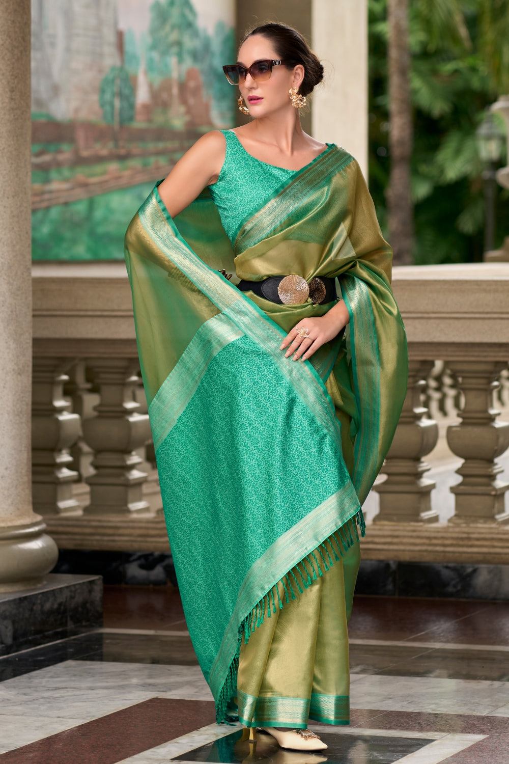 Turquoise Blue Tissue Saree