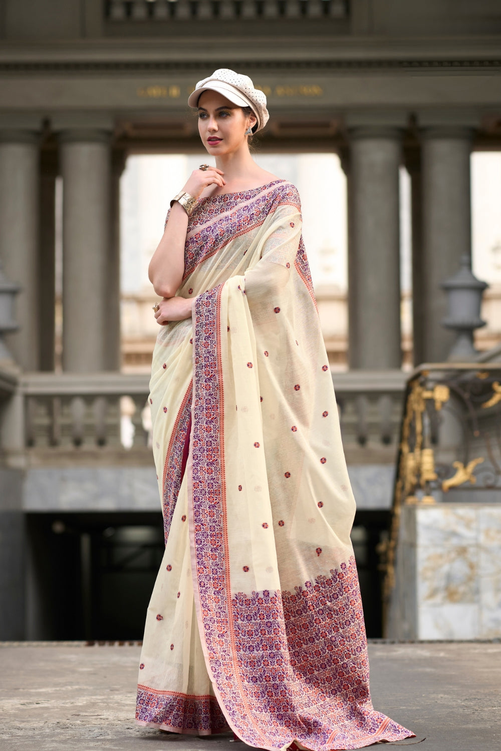 Cream Soft Linen Cotton Saree