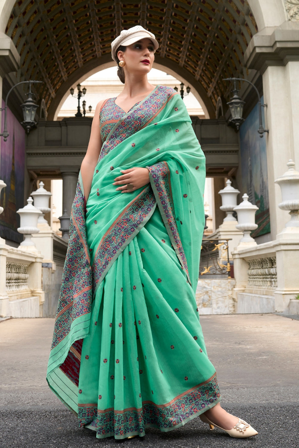 Turquoise Soft Linen Cotton Saree