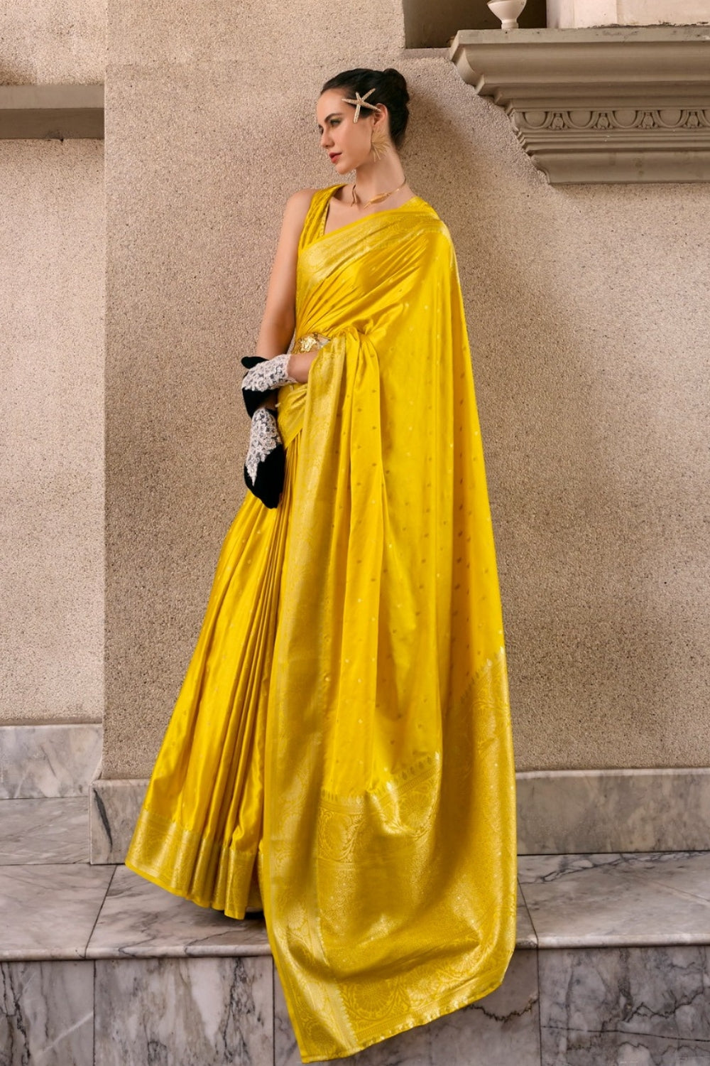 Yellow Sattin Mungha Silk Saree