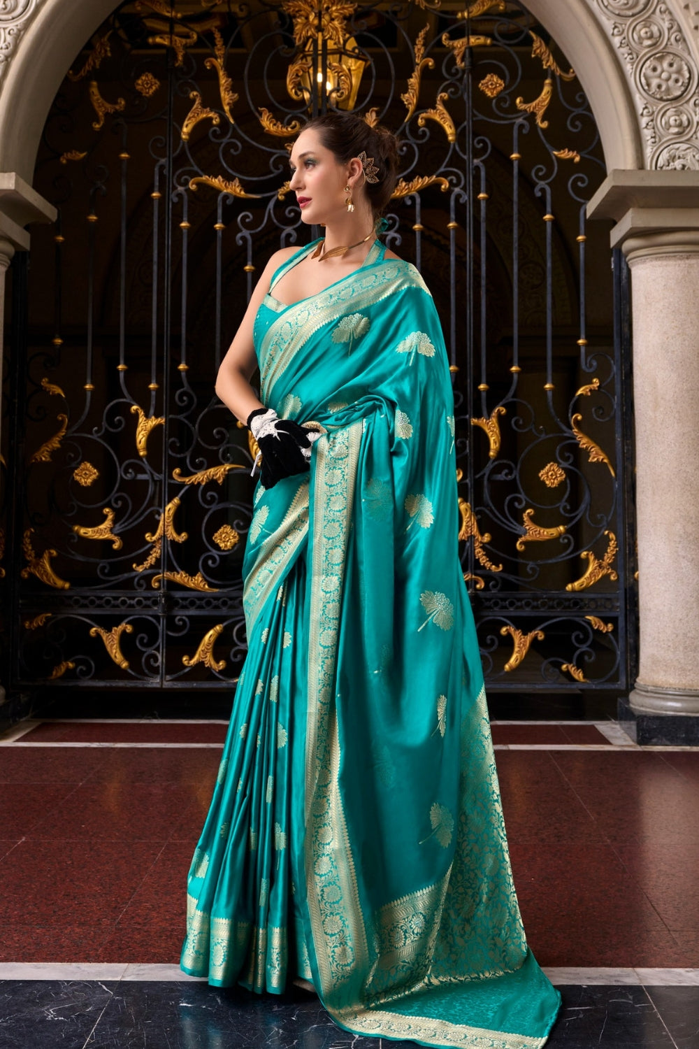 Turquoise Sattin Mungha Silk Saree