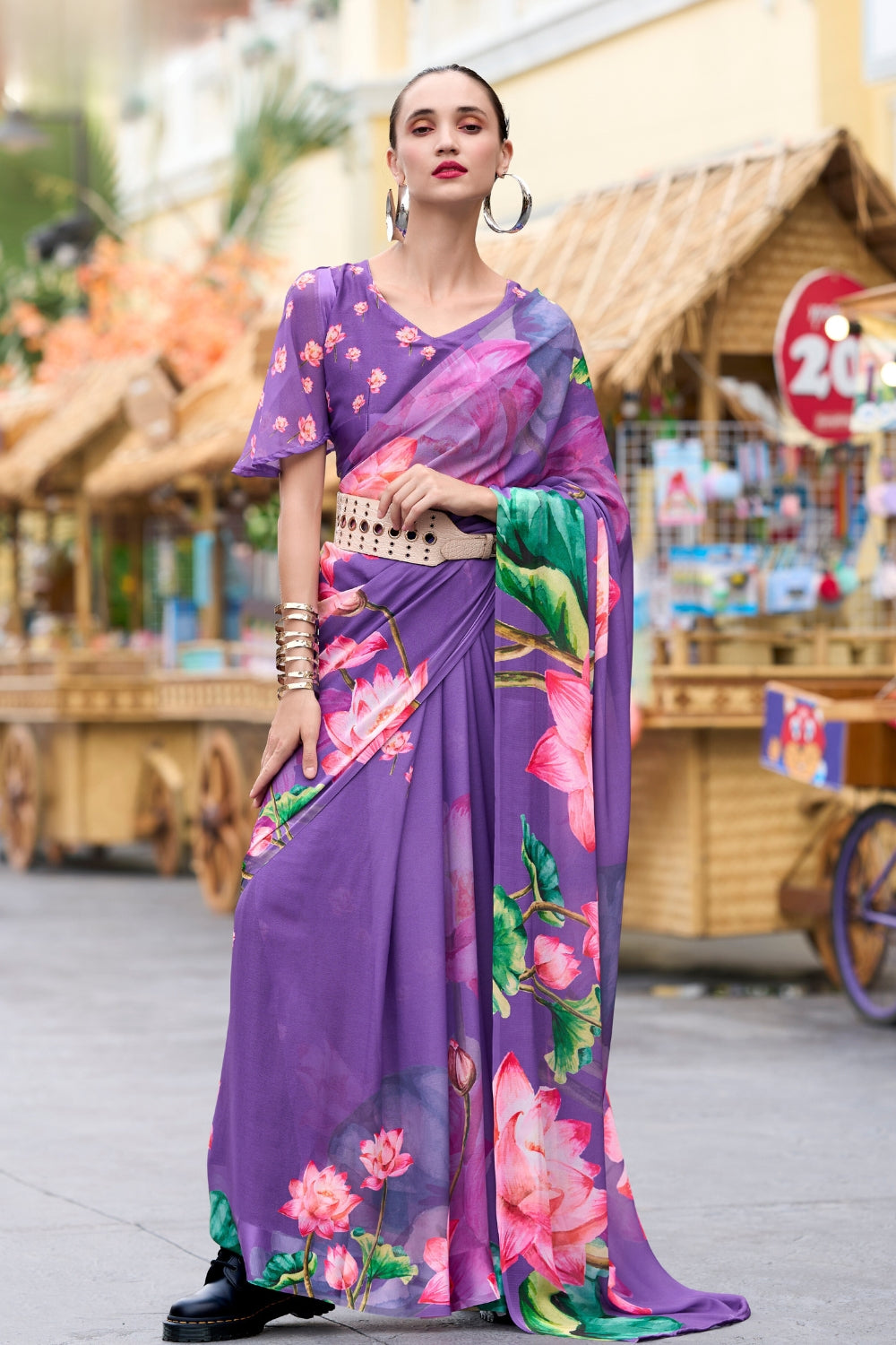 Purple Pure Georgette Saree With Exclusive Print Saree