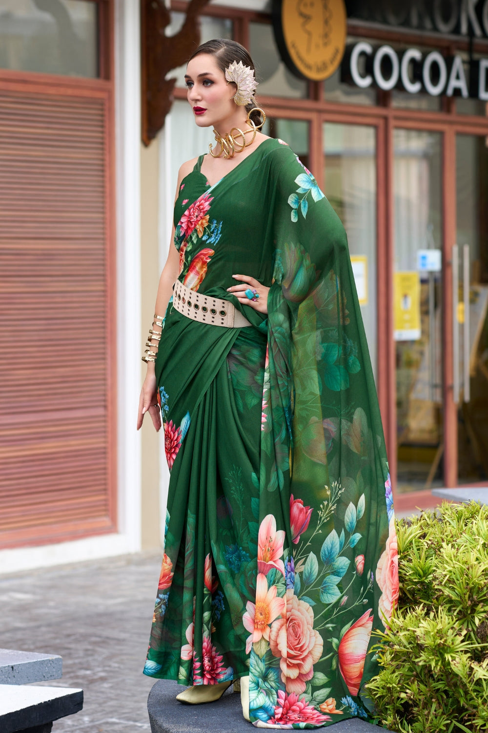 Dark Green Pure Georgette Saree With Exclusive Print Saree