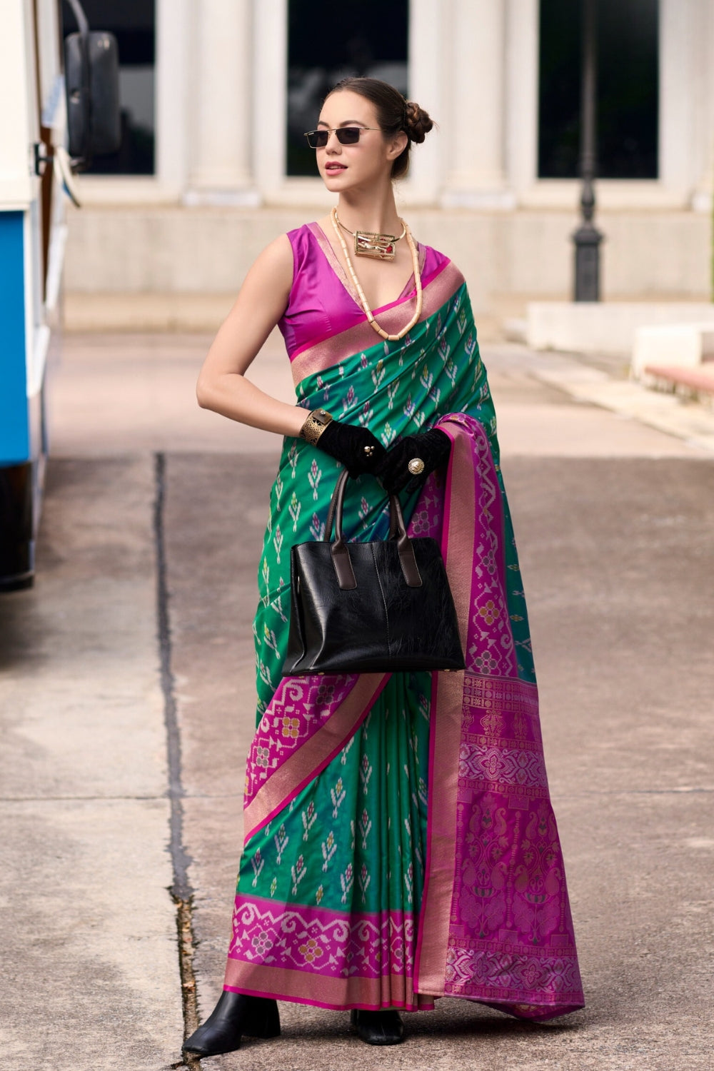 Green Soft Silk With Ikkat Border Saree