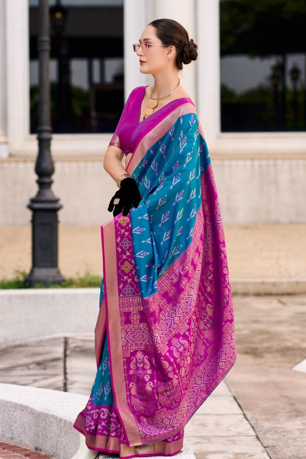 Blue Soft Silk With Ikkat Border Saree