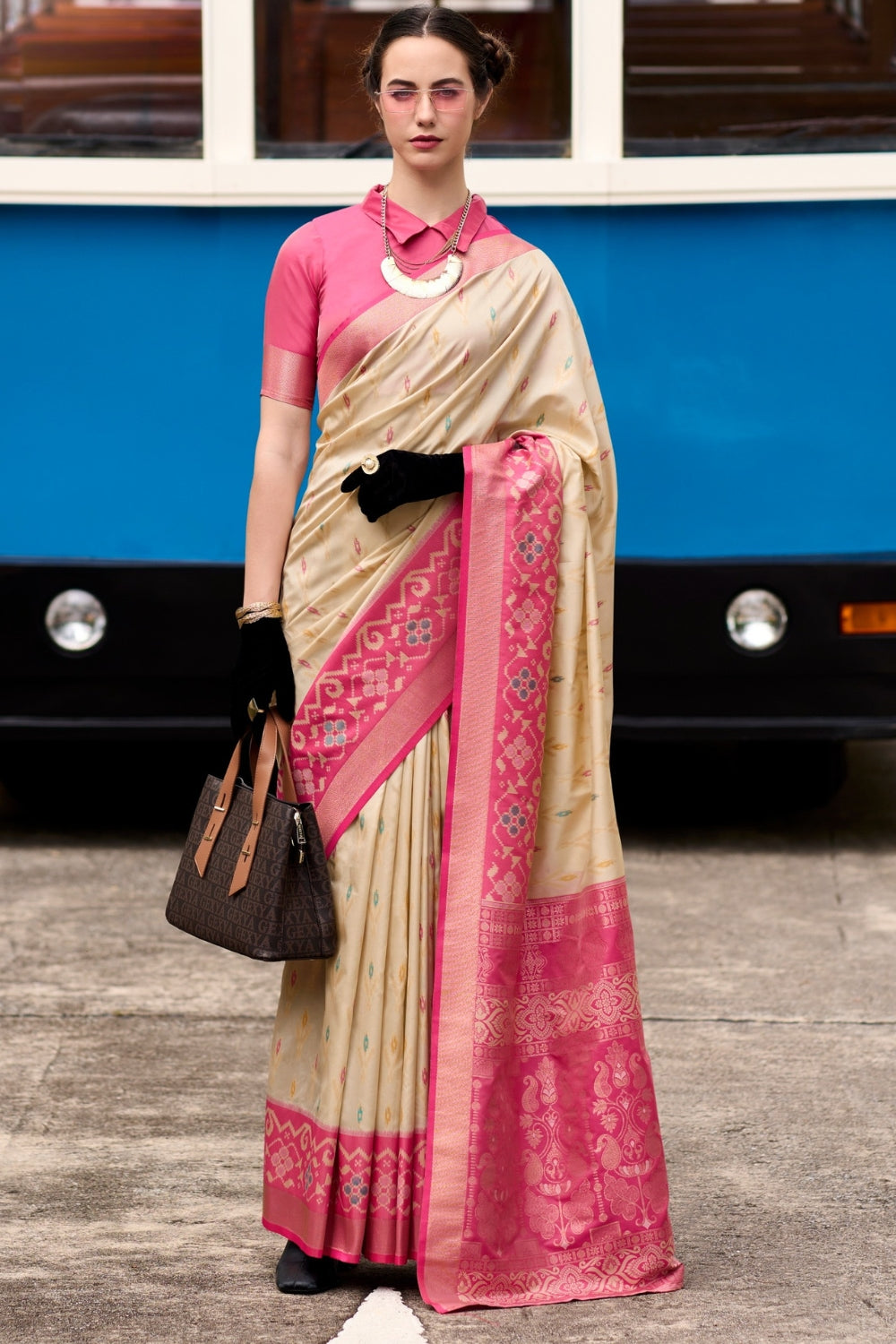 Beige Soft Silk With Ikkat Border Saree