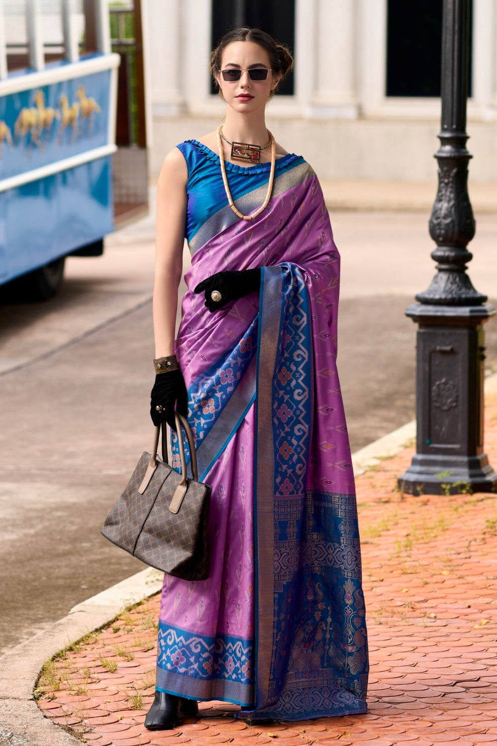 Lavender Soft Silk With Ikkat Border Saree