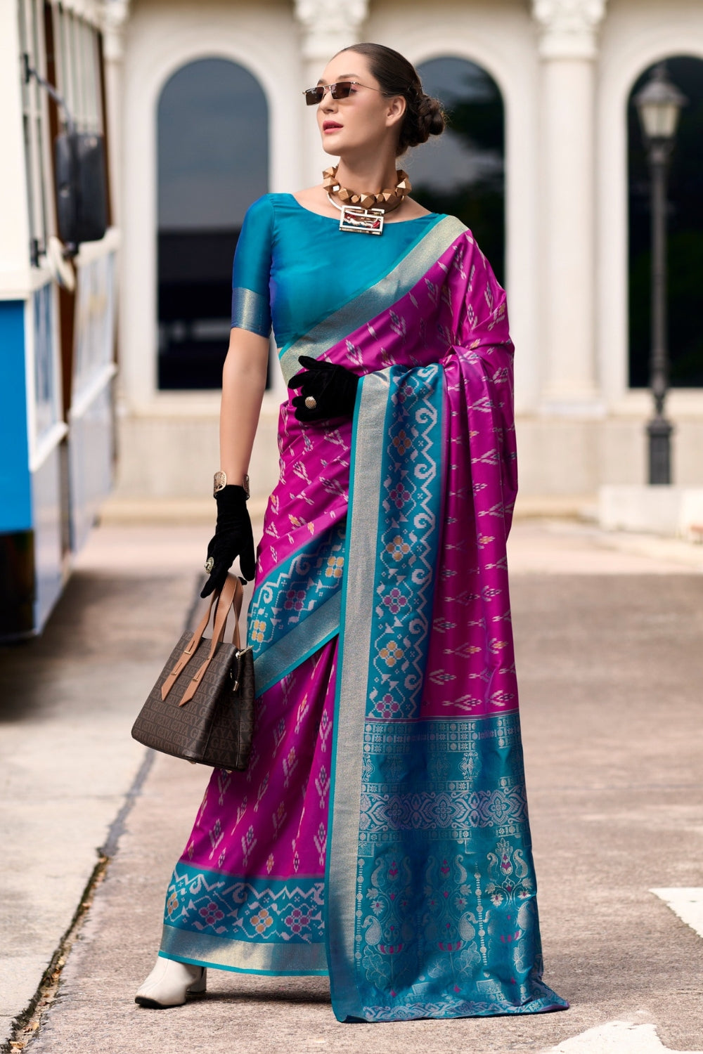 Purple Soft Silk With Ikkat Border Saree