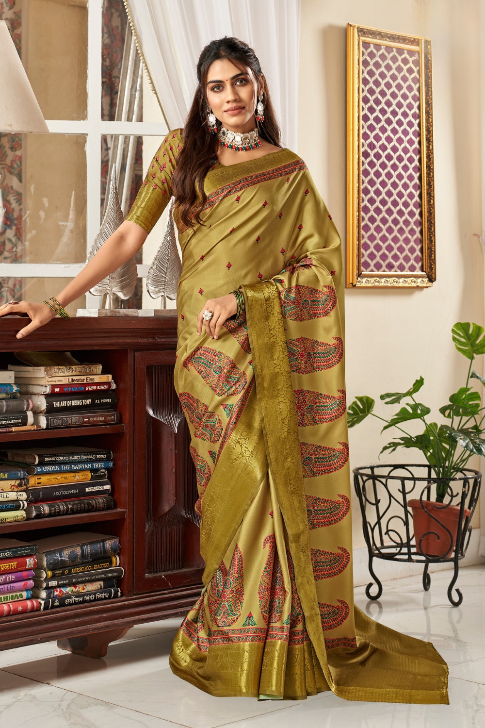 Dark Green Pure Satin Digital Saree